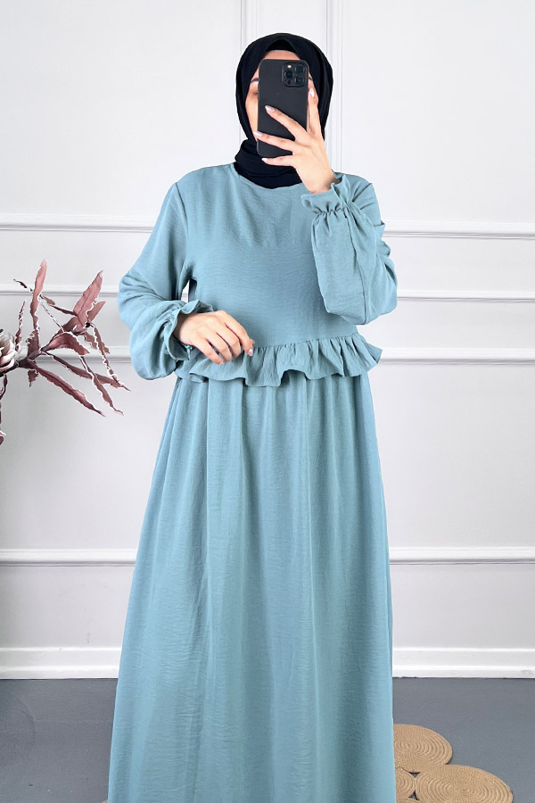 Beli Fırfırlı Elbise - Mavi