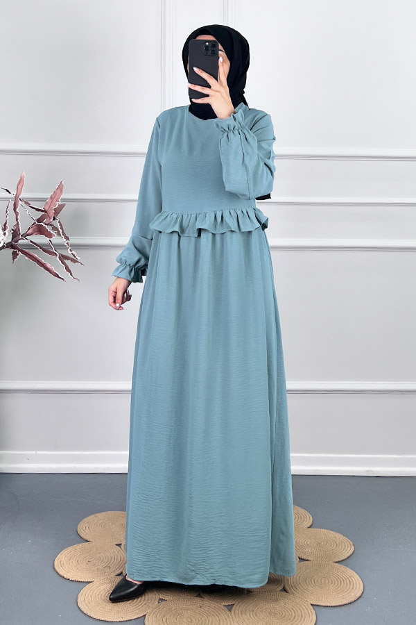 Beli Fırfırlı Elbise - Mavi