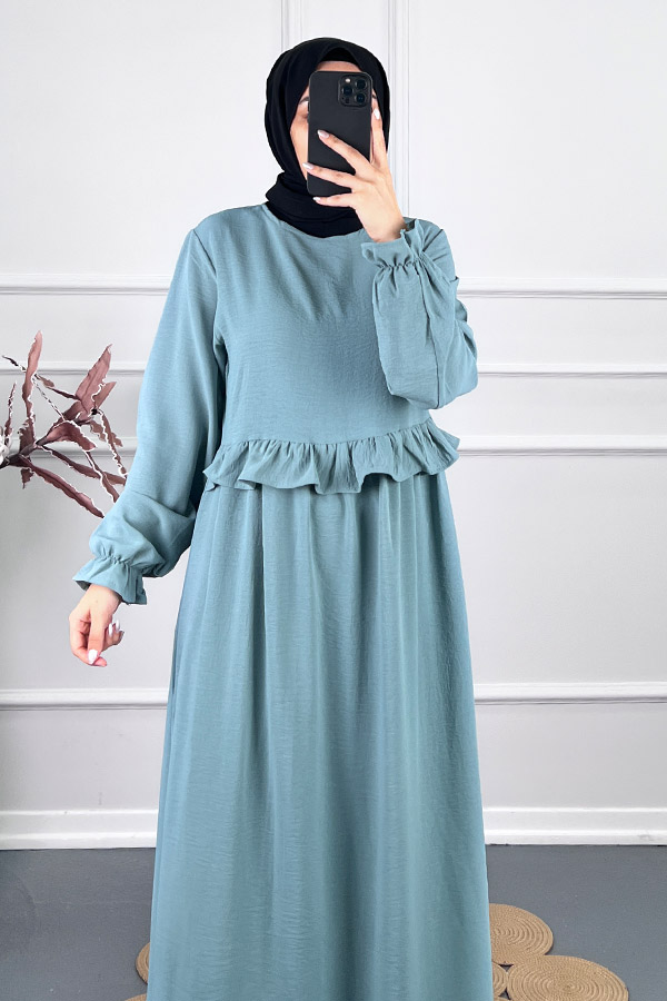 Beli Fırfırlı Elbise - Mavi