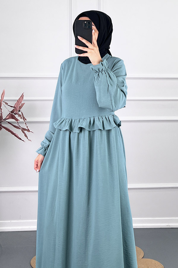 Beli Fırfırlı Elbise - Mavi