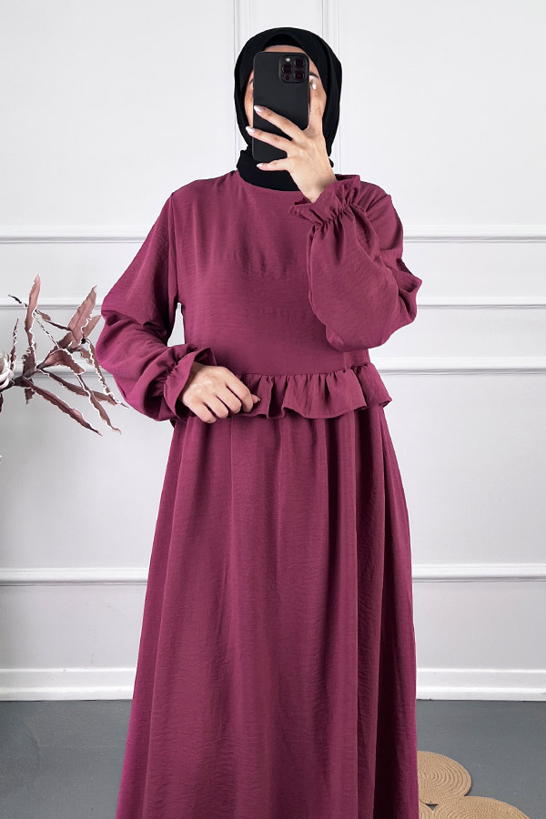 Beli Fırfırlı Elbise - Mor