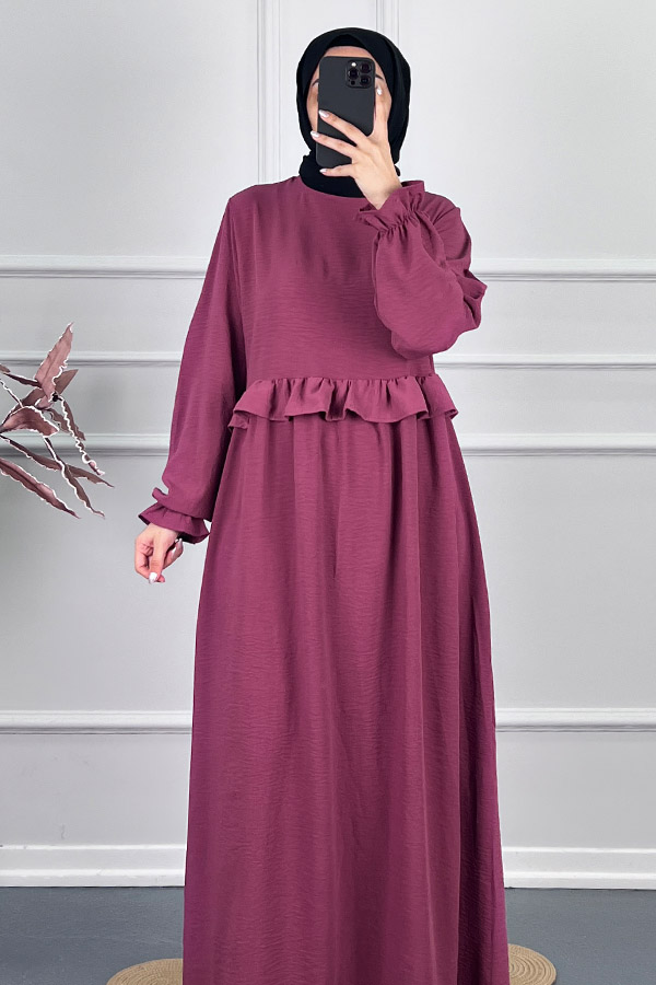 Beli Fırfırlı Elbise - Mor