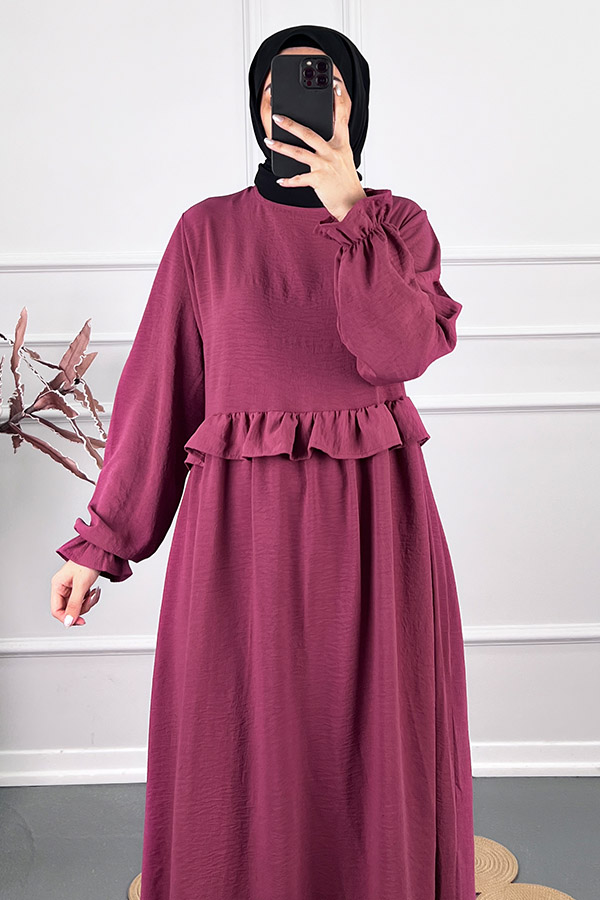 Beli Fırfırlı Elbise - Mor