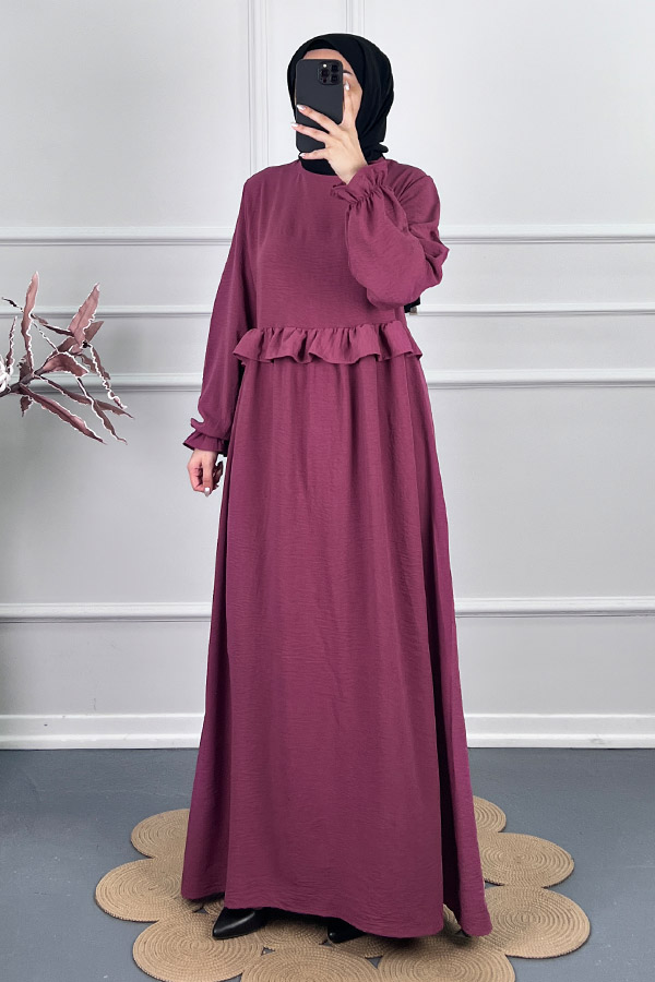 Beli Fırfırlı Elbise - Mor