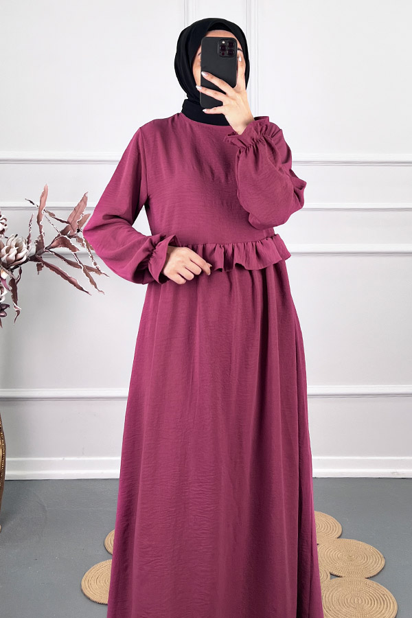 Beli Fırfırlı Elbise - Mor