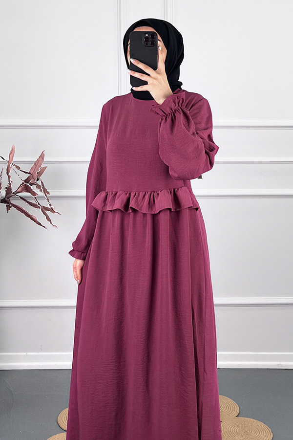 Beli Fırfırlı Elbise - Mor