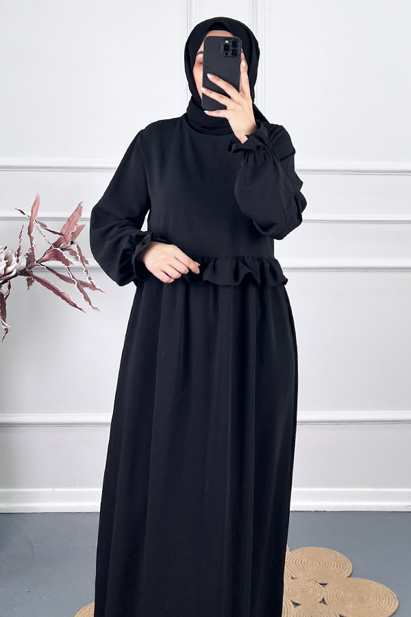 Beli Fırfırlı Elbise - Siyah Beli Fırfırlı Elbise - Siyah
