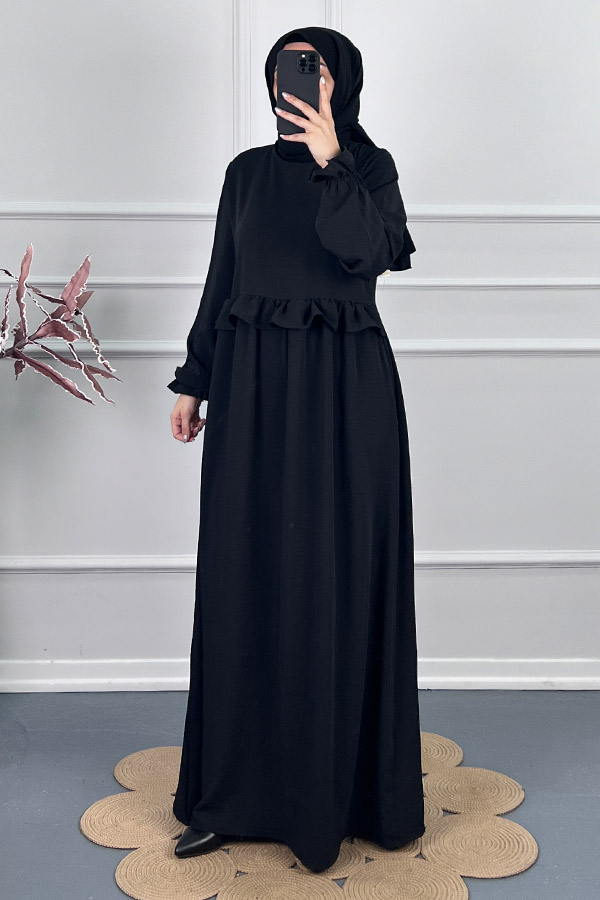 Beli Fırfırlı Elbise - Siyah Beli Fırfırlı Elbise - Siyah