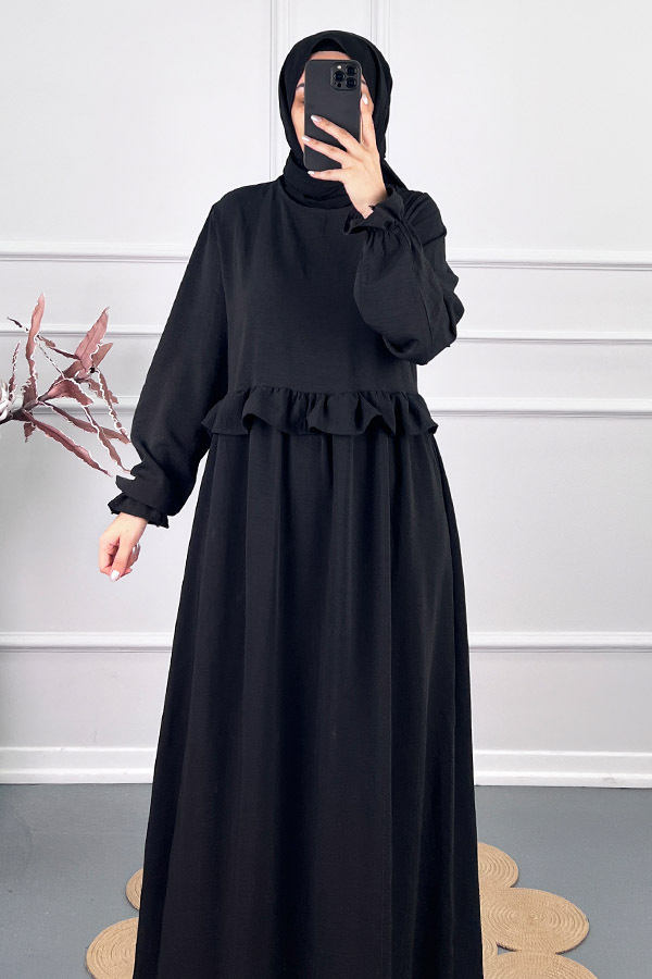 Beli Fırfırlı Elbise - Siyah Beli Fırfırlı Elbise - Siyah