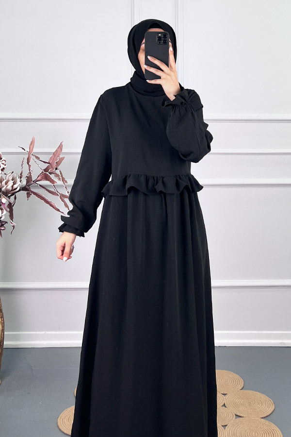 Beli Fırfırlı Elbise - Siyah Beli Fırfırlı Elbise - Siyah