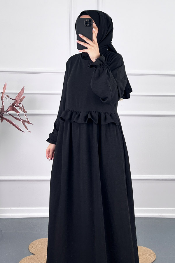 Beli Fırfırlı Elbise - Siyah Beli Fırfırlı Elbise - Siyah