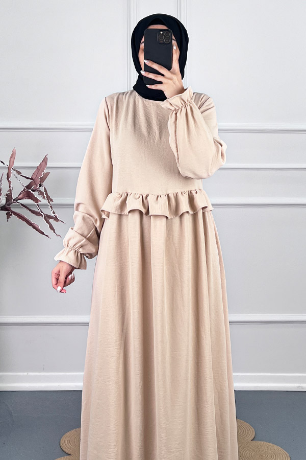 Beli Fırfırlı Elbise - Taş