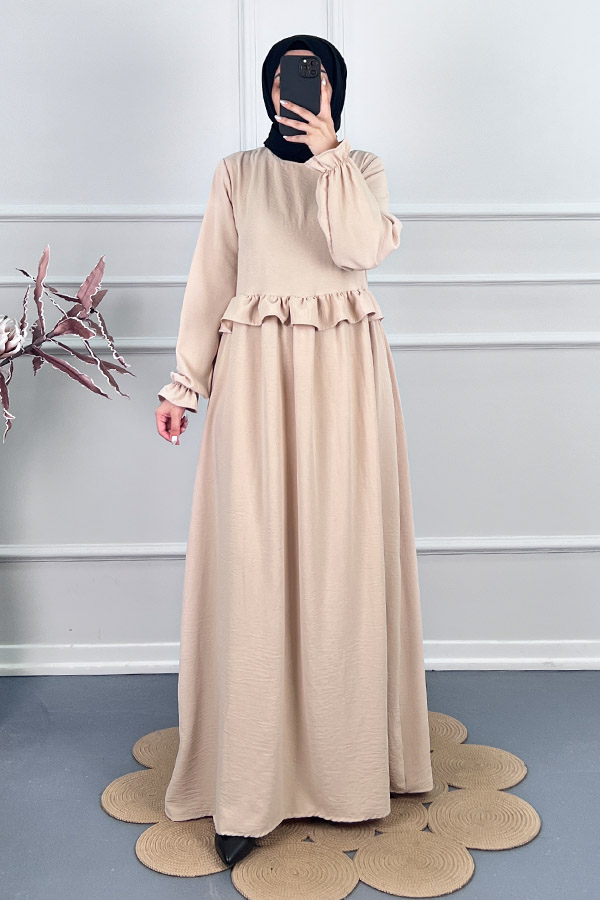 Beli Fırfırlı Elbise - Taş