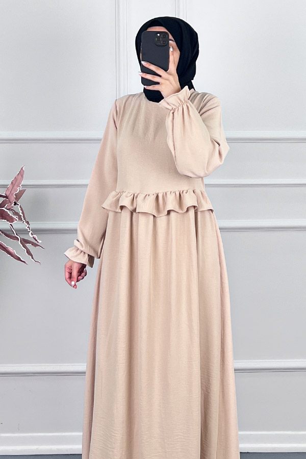 Beli Fırfırlı Elbise - Taş