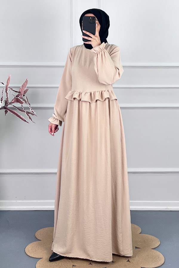 Beli Fırfırlı Elbise - Taş