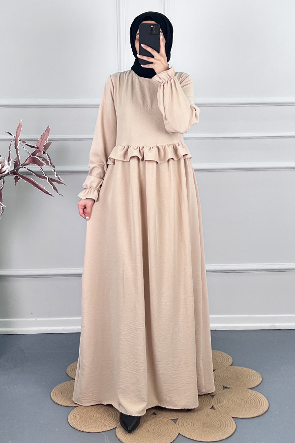 Beli Fırfırlı Elbise - Taş