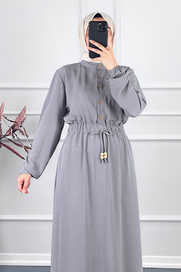 Beli Lastikli Bağlamalı Elbise - Gri