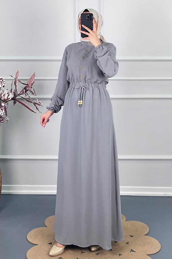 Beli Lastikli Bağlamalı Elbise - Gri