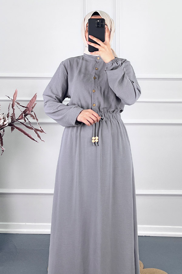 Beli Lastikli Bağlamalı Elbise - Gri