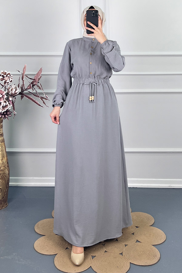 Beli Lastikli Bağlamalı Elbise - Gri