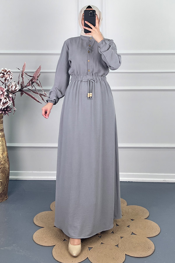 Beli Lastikli Bağlamalı Elbise - Gri