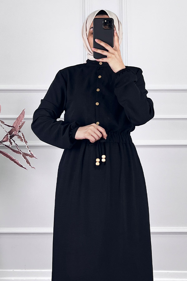 Beli Lastikli Bağlamalı Elbise - Siyah