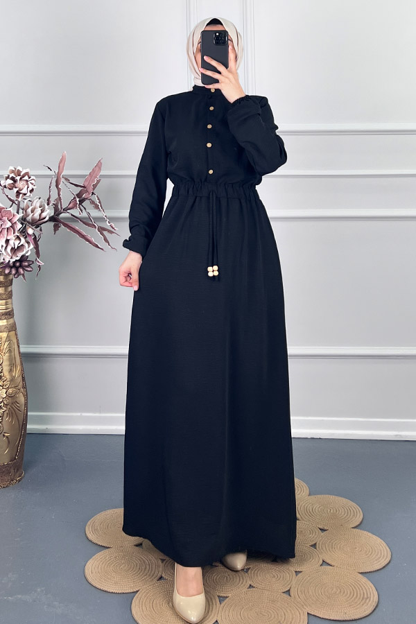 Beli Lastikli Bağlamalı Elbise - Siyah