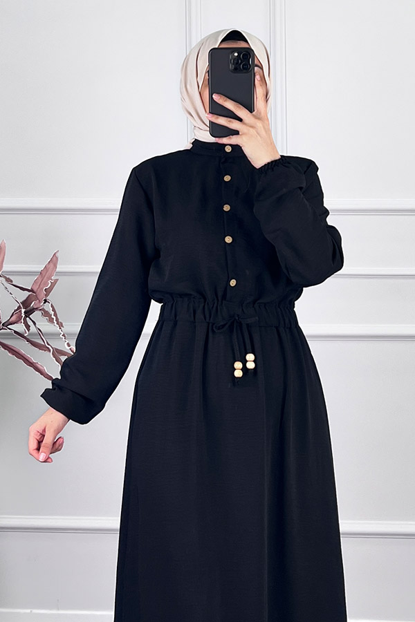 Beli Lastikli Bağlamalı Elbise - Siyah