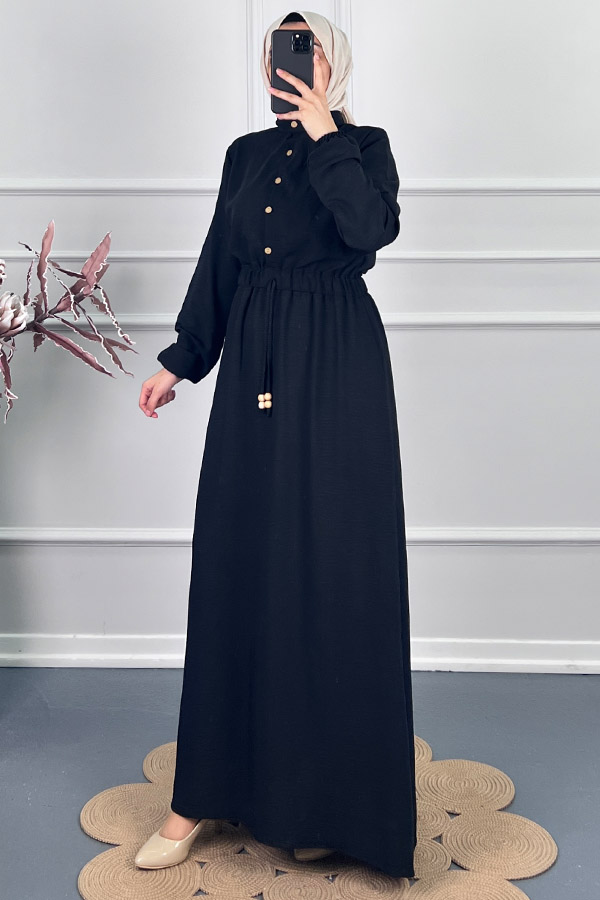 Beli Lastikli Bağlamalı Elbise - Siyah