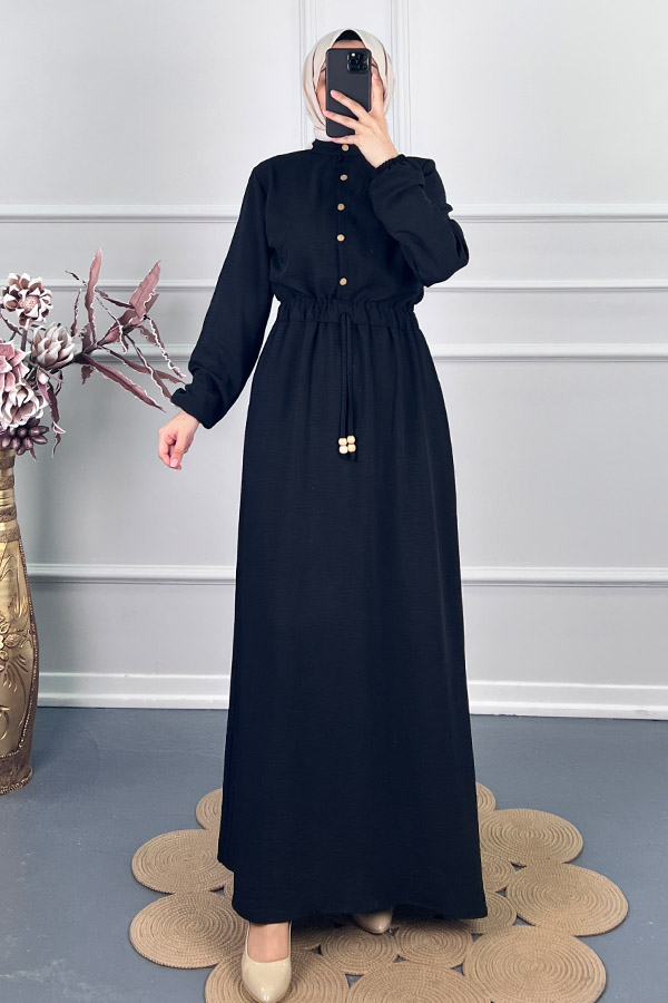 Beli Lastikli Bağlamalı Elbise - Siyah