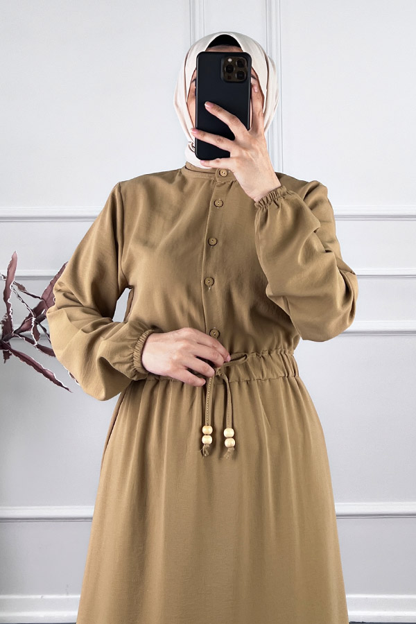 Beli Lastikli Bağlamalı Elbise - Vizon