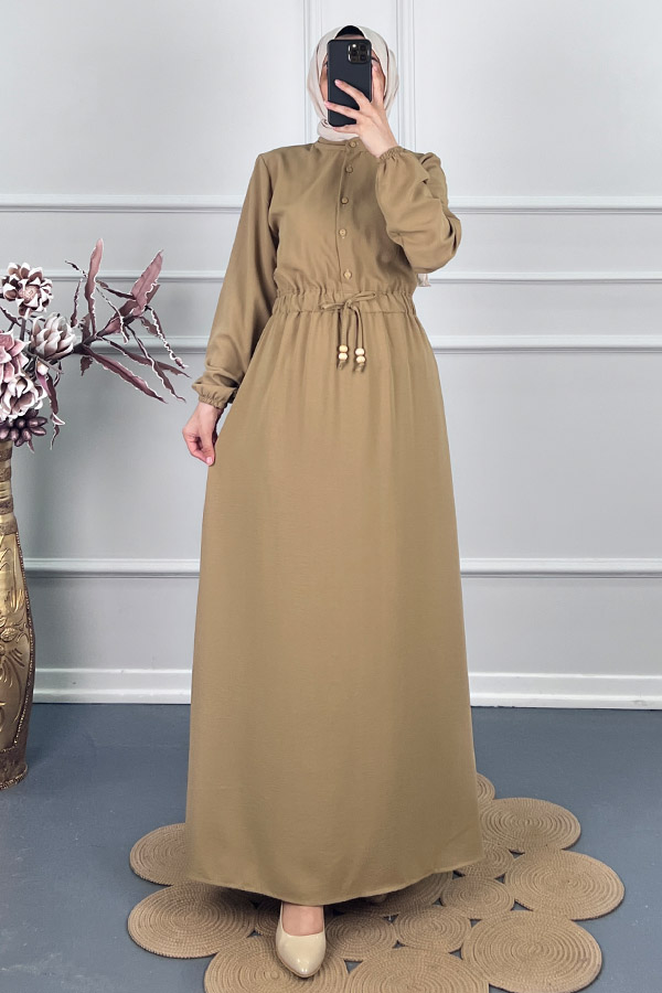 Beli Lastikli Bağlamalı Elbise - Vizon