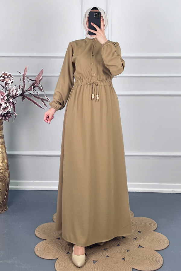 Beli Lastikli Bağlamalı Elbise - Vizon