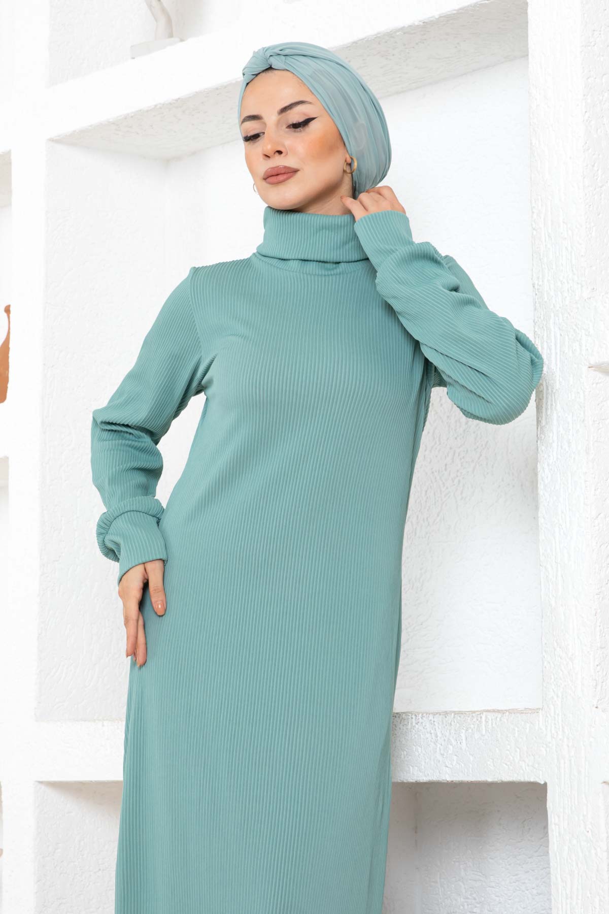Boğazlı Piliseli Elbise - Mint