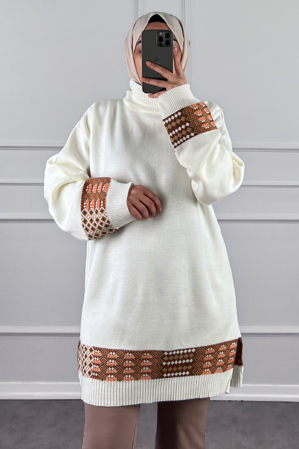 Boğazlı Salaş Triko Kazak - Ekru Boğazlı Salaş Triko Kazak - Ekru