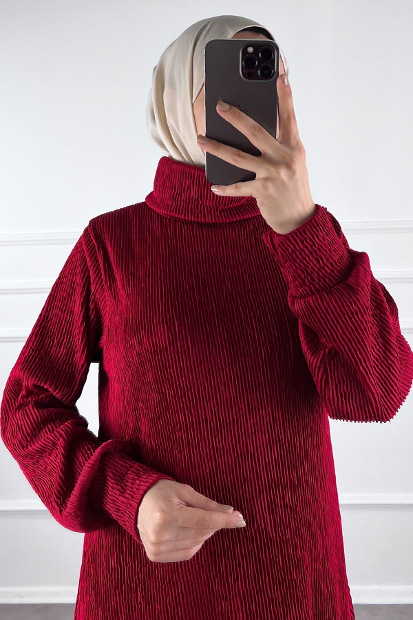 Boğazlı Scuba Kumaş Elbise - Bordo