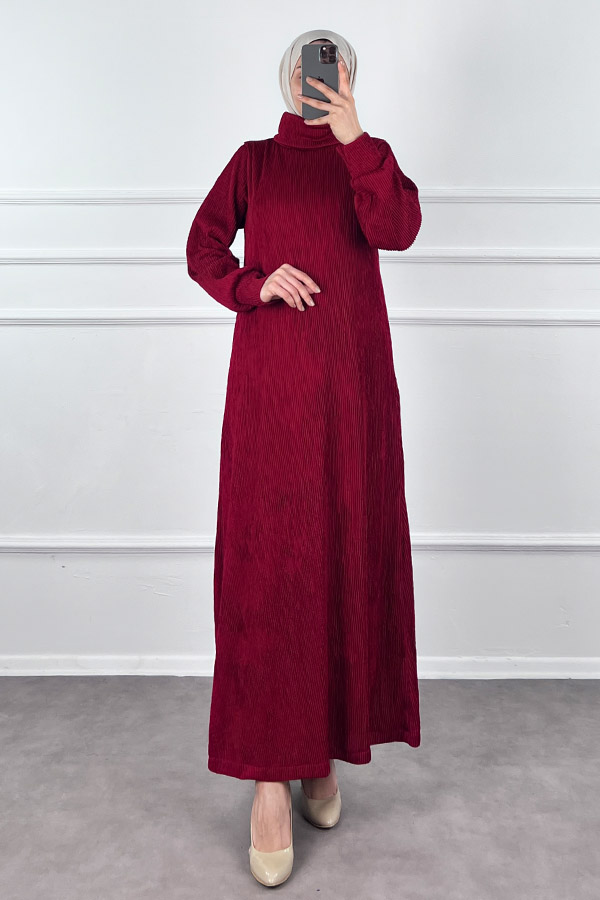 Boğazlı Scuba Kumaş Elbise - Bordo