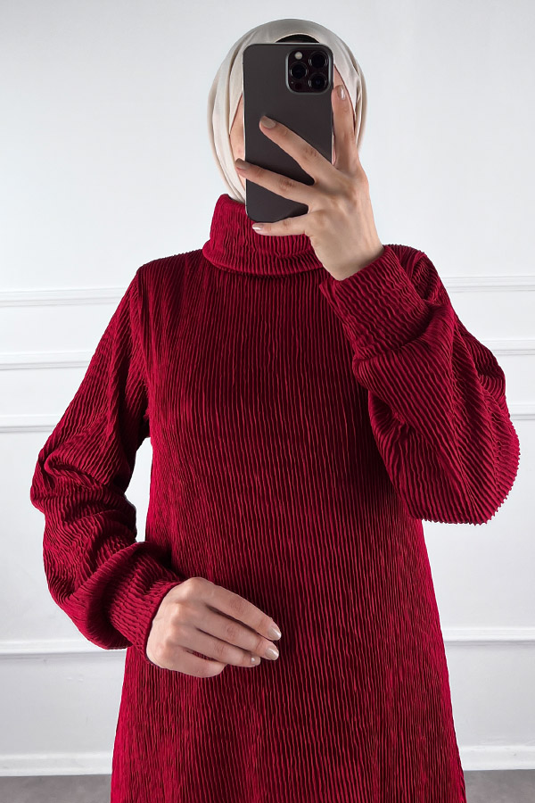 Boğazlı Scuba Kumaş Elbise - Bordo