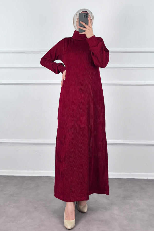 Boğazlı Scuba Kumaş Elbise - Bordo