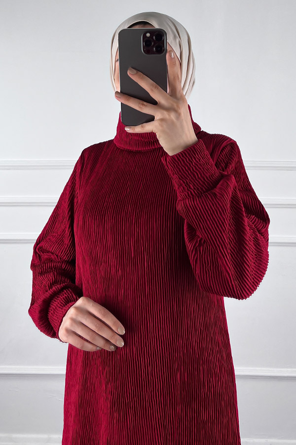 Boğazlı Scuba Kumaş Elbise - Bordo