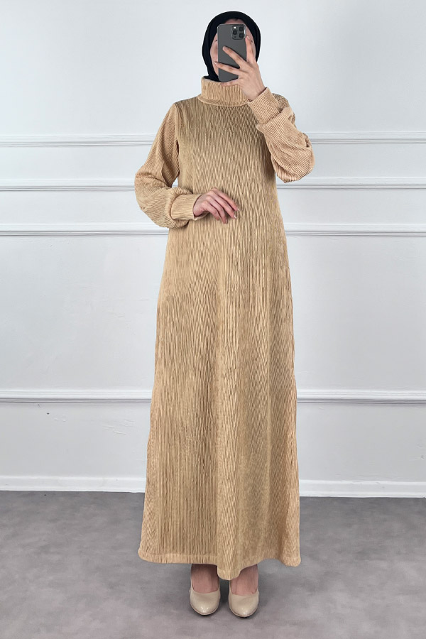 Boğazlı Scuba Kumaş Elbise - Krem