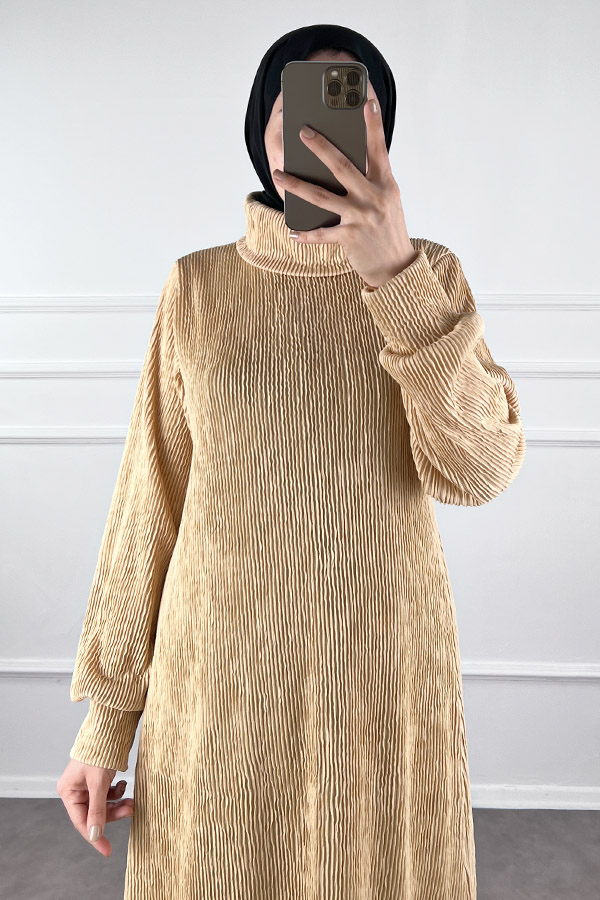 Boğazlı Scuba Kumaş Elbise - Krem