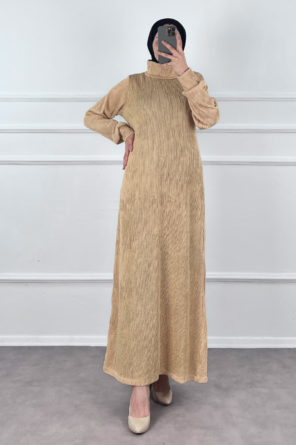 Boğazlı Scuba Kumaş Elbise - Krem