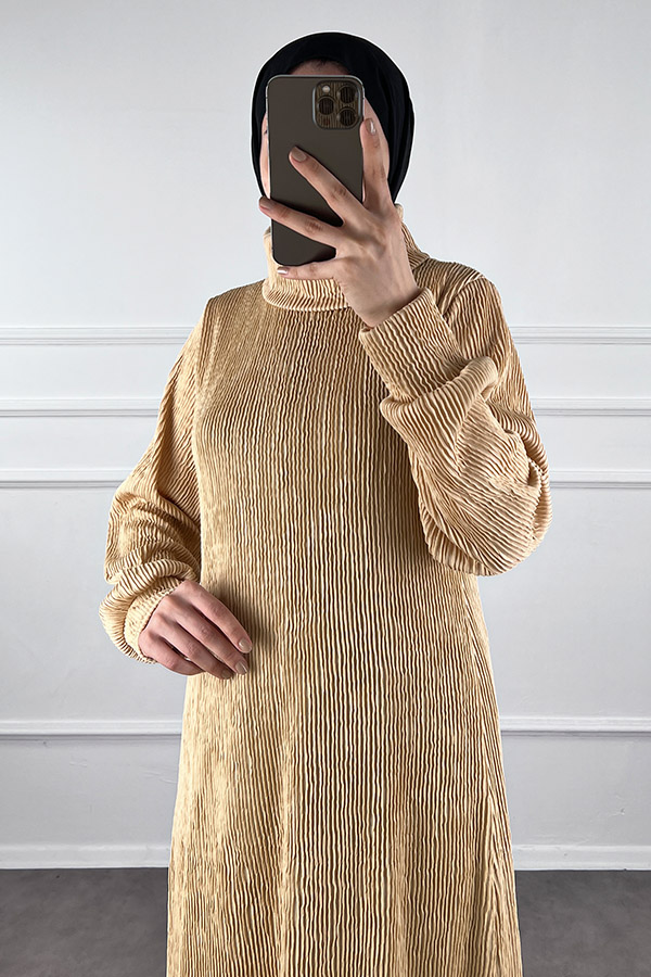 Boğazlı Scuba Kumaş Elbise - Krem