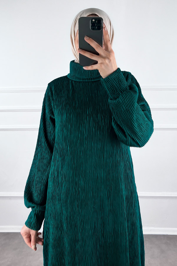 Boğazlı Scuba Kumaş Elbise - Zümrüt Yeşili