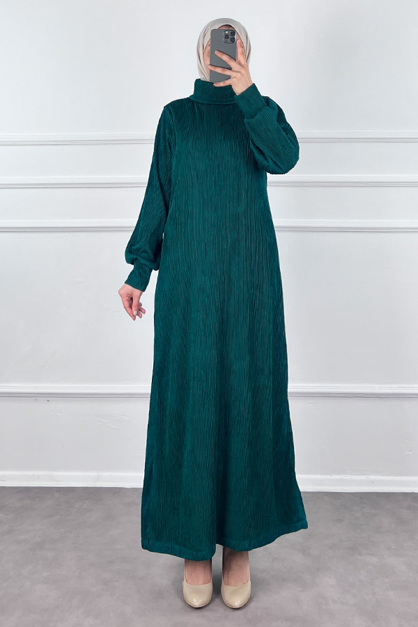 Boğazlı Scuba Kumaş Elbise - Zümrüt Yeşili