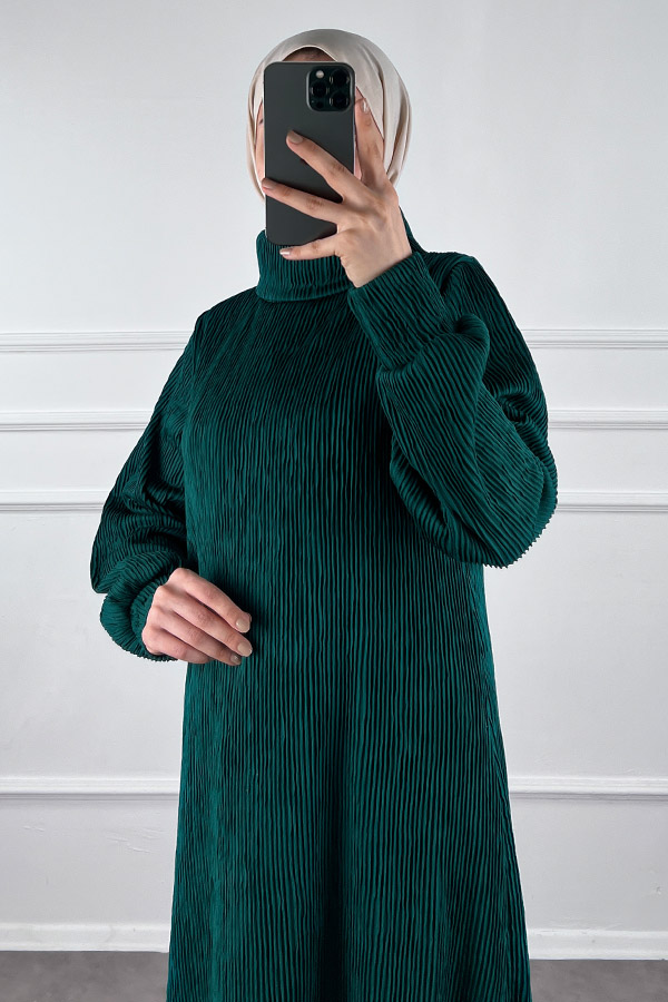 Boğazlı Scuba Kumaş Elbise - Zümrüt Yeşili