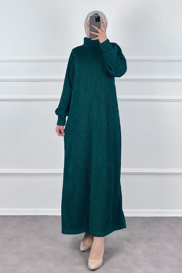 Boğazlı Scuba Kumaş Elbise - Zümrüt Yeşili