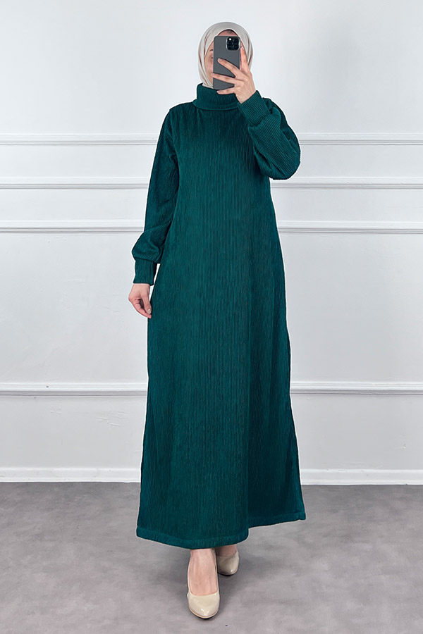 Boğazlı Scuba Kumaş Elbise - Zümrüt Yeşili