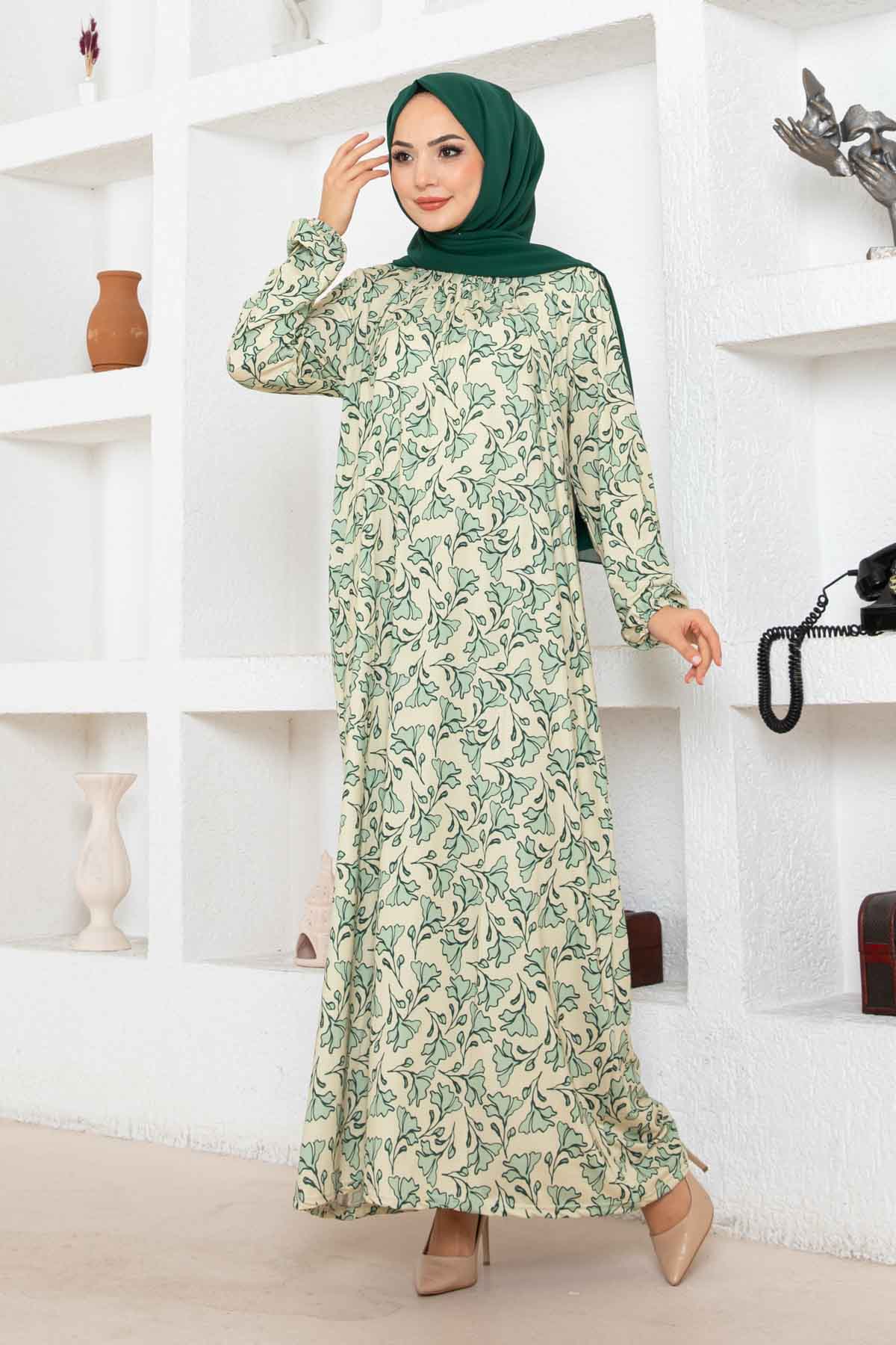 Botanik Desen Ferace Elbise - Taş Botanik Desen Ferace Elbise - Taş